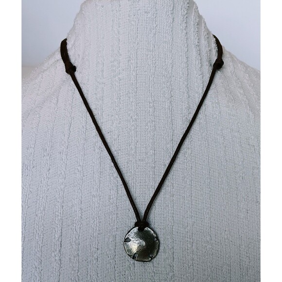 Boho Pewter Sand Dollar Pendant Necklace Adjustable Brown Cord 22 in - Picture 3 of 8